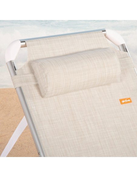 Transat de plage multipositions 186 x 49 x 30 cm beige avec coussin