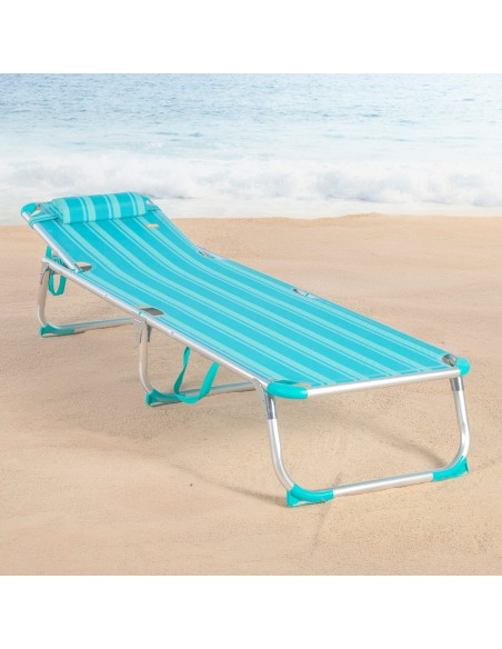 Transat de plage multipositions 186 x 49 x 30 cm turquoise avec coussin