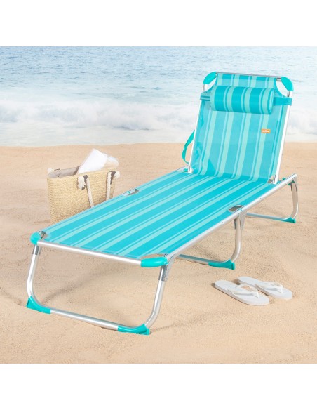 Transat de plage multipositions 186 x 49 x 30 cm turquoise avec coussin