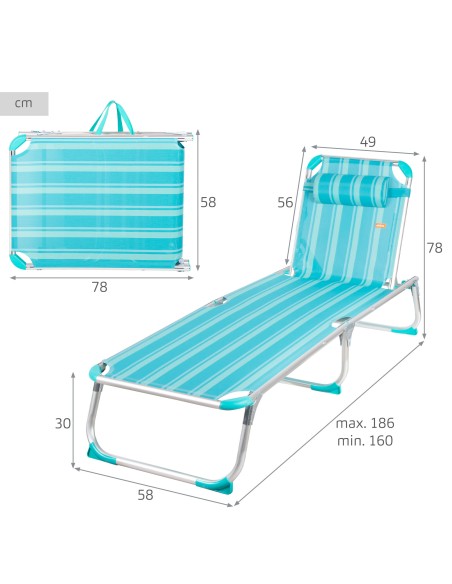 Transat de plage multipositions 186 x 49 x 30 cm turquoise avec coussin