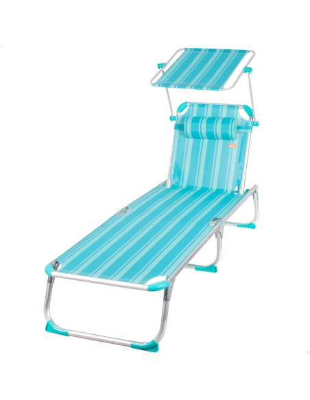 Transat de plage multipositions 186 x 49 x 30 cm turquoise avec parasol et coussin