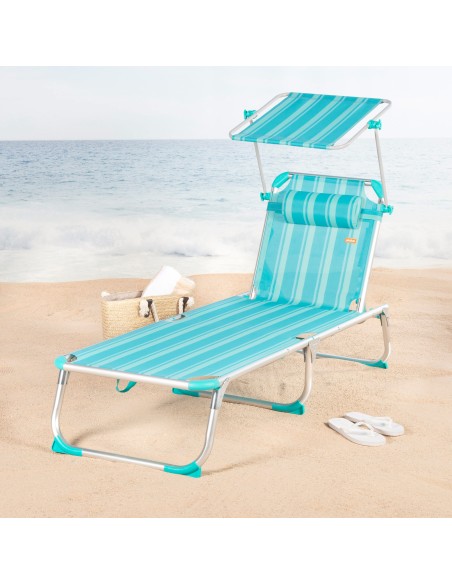 Transat de plage multipositions 186 x 49 x 30 cm turquoise avec parasol et coussin