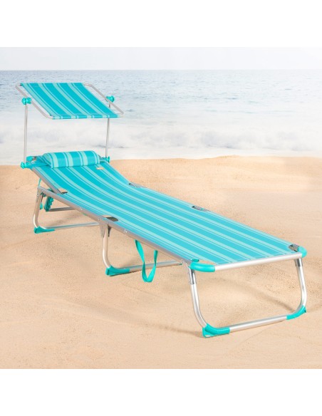 Transat de plage multipositions 186 x 49 x 30 cm turquoise avec parasol et coussin