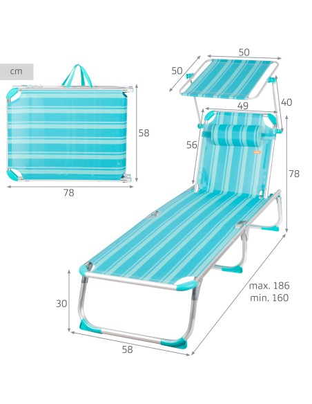 Transat de plage multipositions 186 x 49 x 30 cm turquoise avec parasol et coussin