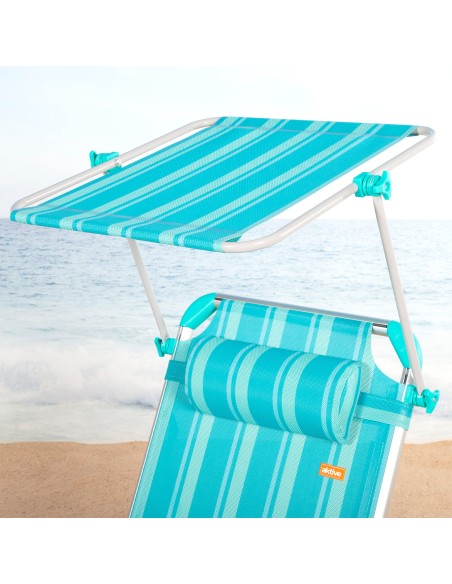 Transat de plage multipositions 186 x 49 x 30 cm turquoise avec parasol et coussin