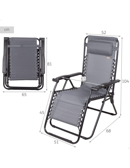Chaise de jardin pliante à gravité zéro 52x68x104 cm gris 2 positions