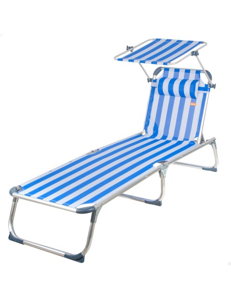 Transat de plage multipositions 186 x 49 x 30 cm, style marin, avec parasol et coussin