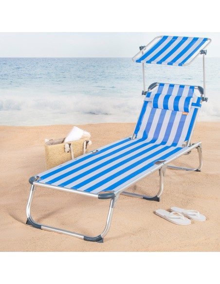 Transat de plage multipositions 186 x 49 x 30 cm, style marin, avec parasol et coussin