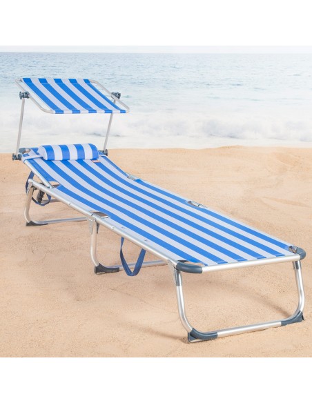 Transat de plage multipositions 186 x 49 x 30 cm, style marin, avec parasol et coussin