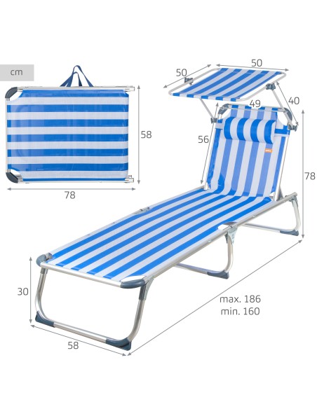 Transat de plage multipositions 186 x 49 x 30 cm, style marin, avec parasol et coussin