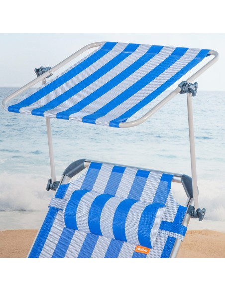 Transat de plage multipositions 186 x 49 x 30 cm, style marin, avec parasol et coussin