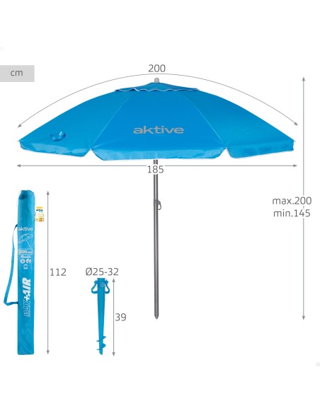 Parasol de plage à 8 baleines, 200 cm, bleu, avec pied