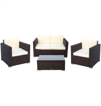 Conjunto mesa baja, 2 sillas y 1 sofá jardín ratán