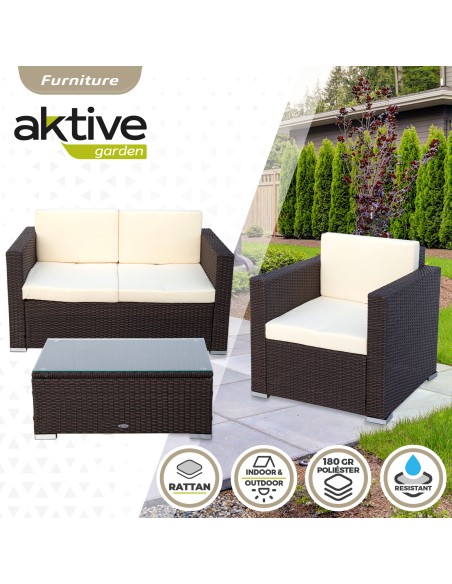Conjunto mesa baja, 2 sillas y 1 sofá jardín ratán