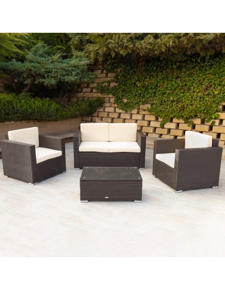 Conjunto mesa baja, 2 sillas y 1 sofá jardín ratán