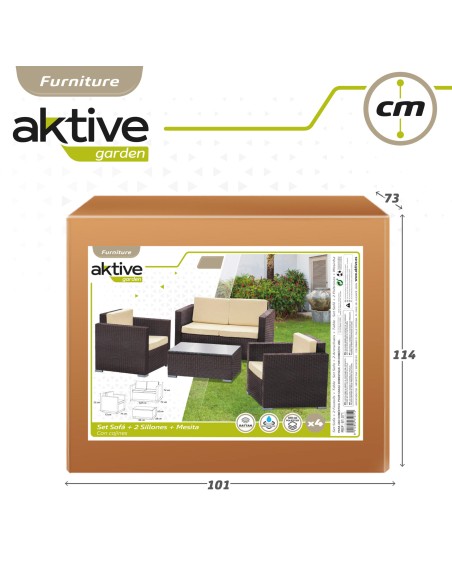 Conjunto mesa baja, 2 sillas y 1 sofá jardín ratán