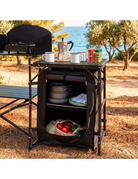 Armoire de cuisine de camping pliante 175 x 48 x 110 cm avec pare-vent, placards et étagères