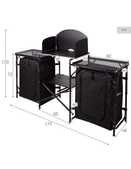 Armoire de cuisine de camping pliante 175 x 48 x 110 cm avec pare-vent, placards et étagères