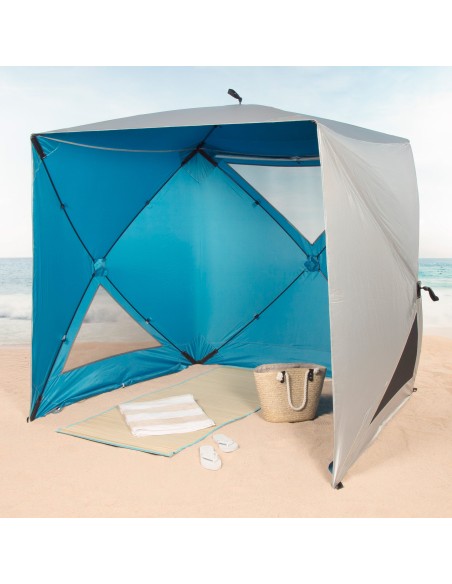 Paravientos y carpa de playa Pop Up azul 165x165x183 cm