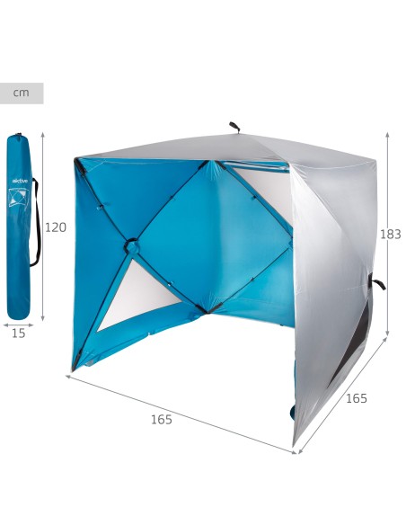 Paravientos y carpa de playa Pop Up azul 165x165x183 cm