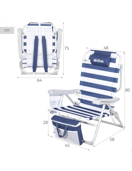 Silla playa multiposición 48x58x80 cm marinera con cojín, bolsillos y nevera