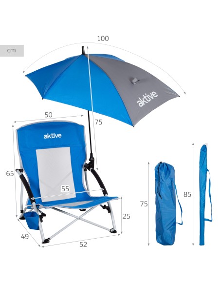Chaise pliante avec parasol et porte-gobelet 50x49x65 cm