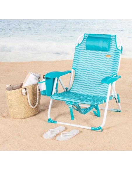 Chaise de plage multipositions 48x58x76 cm bleu vagues avec poches