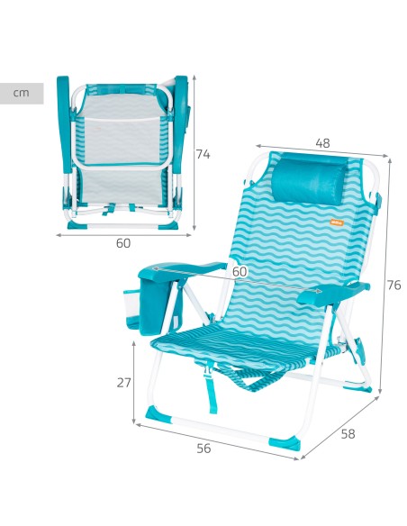 Chaise de plage multipositions 48x58x76 cm bleu vagues avec poches