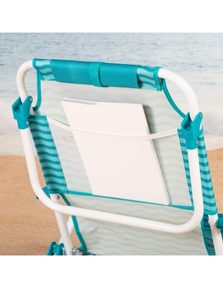 Chaise de plage multipositions 48x58x76 cm bleu vagues avec poches
