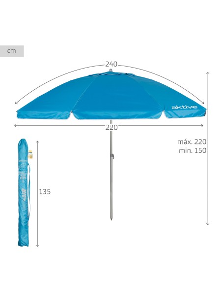 Parasol de plage coupe-vent à 8 baleines, 240 cm, bleu