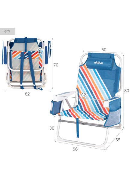 Chaise de plage multicolore avec poches et sangles de transport 50x55x80 cm