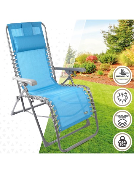 Chaise longue de jardin pliante bleue Zero Gravity avec coussin