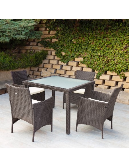 Conjunto mesa grande y 4 sillas jardín ratán