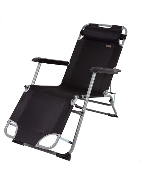 Chaise longue de jardin pliante multi-positions noire avec coussin rembourré