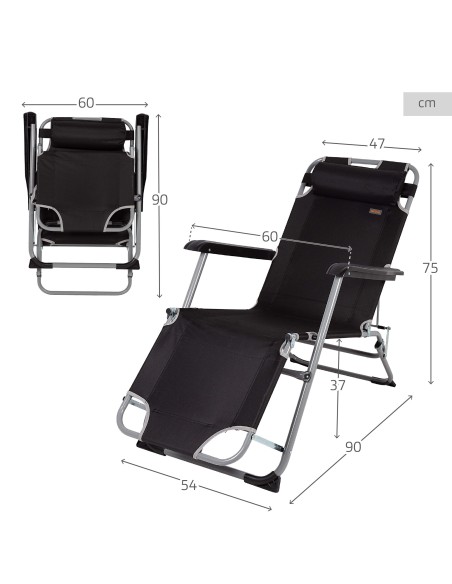 Chaise longue de jardin pliante multi-positions noire avec coussin rembourré