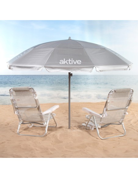 Parasol de plage, 10 baleines, 220 cm, gris, inclinable, protection UV50
