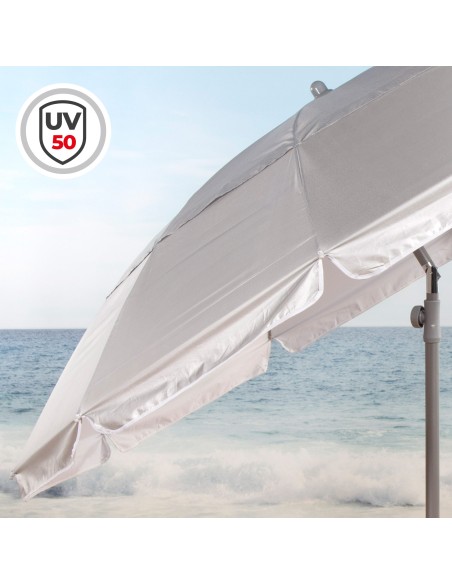 Parasol de plage, 10 baleines, 220 cm, gris, inclinable, protection UV50