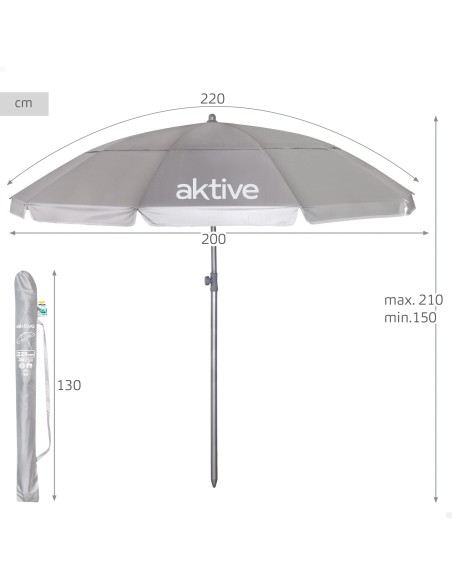 Parasol de plage, 10 baleines, 220 cm, gris, inclinable, protection UV50
