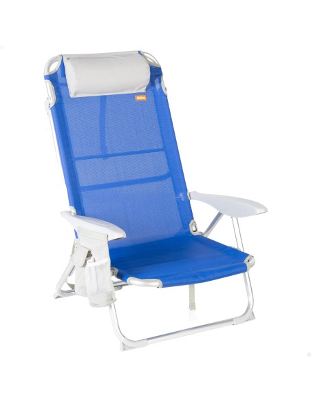 Chaise de plage pliante multipositions 50x50x88 cm bleue avec poches, coussin et poignée