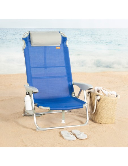Chaise de plage pliante multipositions 50x50x88 cm bleue avec poches, coussin et poignée