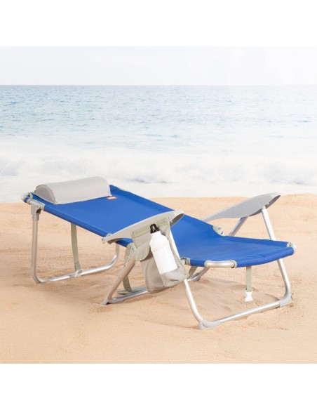 Chaise de plage pliante multipositions 50x50x88 cm bleue avec poches, coussin et poignée