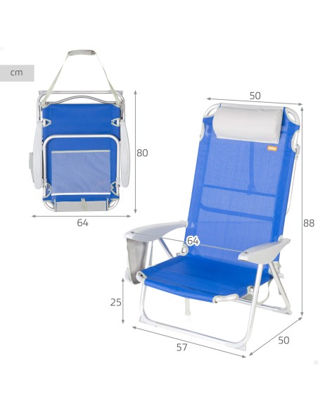 Chaise de plage pliante multipositions 50x50x88 cm bleue avec poches, coussin et poignée