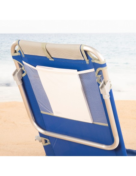 Chaise de plage pliante multipositions 50x50x88 cm bleue avec poches, coussin et poignée
