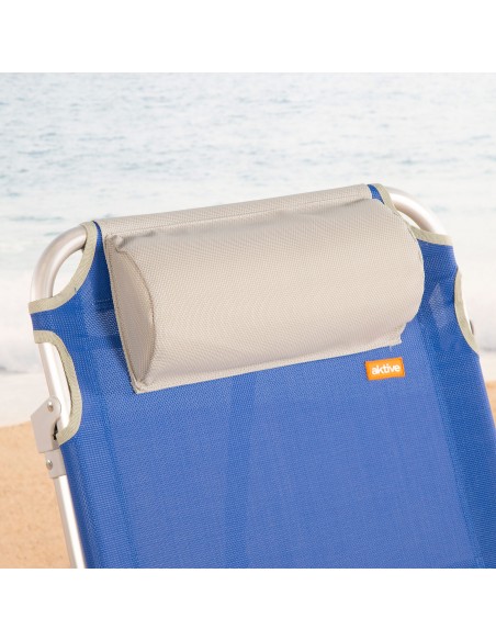 Chaise de plage pliante multipositions 50x50x88 cm bleue avec poches, coussin et poignée