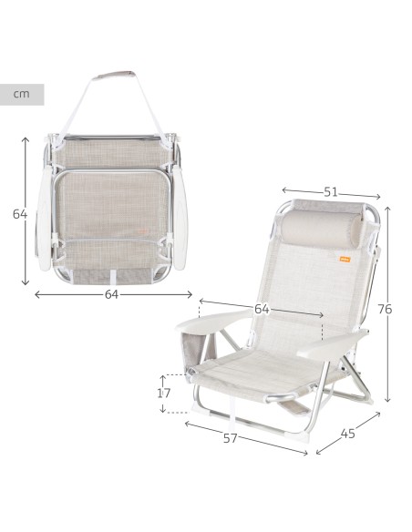 Chaise de plage basse multiposition XL 51x45x76 cm beige