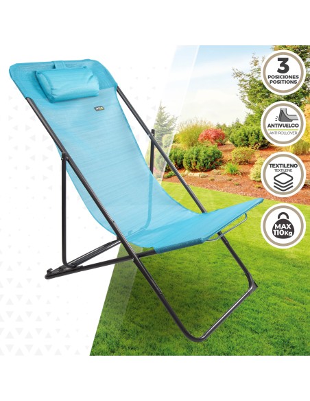 Chaise hamac de jardin pliant multi-positions bleu avec coussin