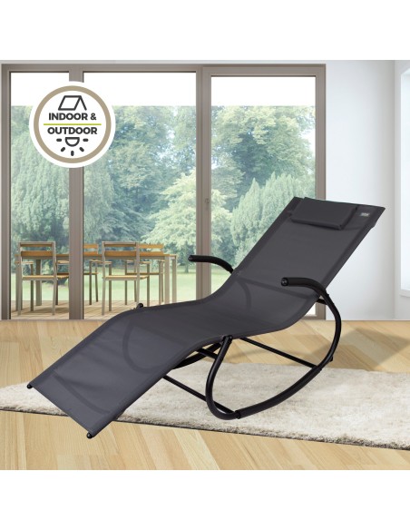 Chaise longue à bascule de jardin anthracite avec coussin