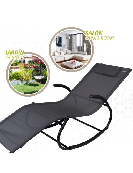 Chaise longue à bascule de jardin anthracite avec coussin