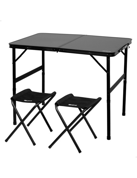 Mesa camping plegable 90x60x40/70 cm con 2 taburetes negro