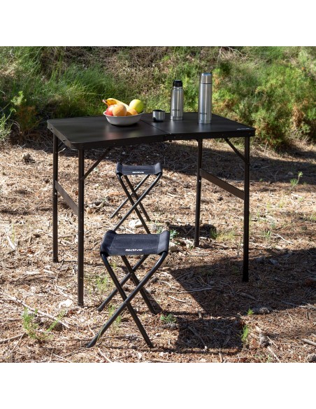 Mesa camping plegable 90x60x40/70 cm con 2 taburetes negro